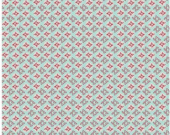 Könnte beinhalten: Ein gemusterter Stoff mit einem sich wiederholenden floralen Design. Der Hintergrund ist helltürkis, und das florale Muster ist eine Kombination aus Rot und Hellrosa. Der Stoff ist unten mit Zollmaßen markiert.