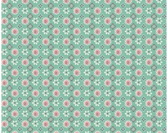 Könnte beinhalten: Ein blaugrüner Stoff mit einem sich wiederholenden Muster aus rosa und weißen Blumen. Der Stoff hat eine subtile Textur und ein weiches, vintage-mäßiges Gefühl.