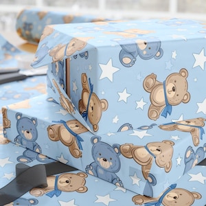 Baby Shower Gift Wrap - Adorable Teddy Bear Wrapping Paper, Cute Baby Boy Gift Wrap, Seamless Blue Baby Shower Paper, Eco-Friendly Wrap