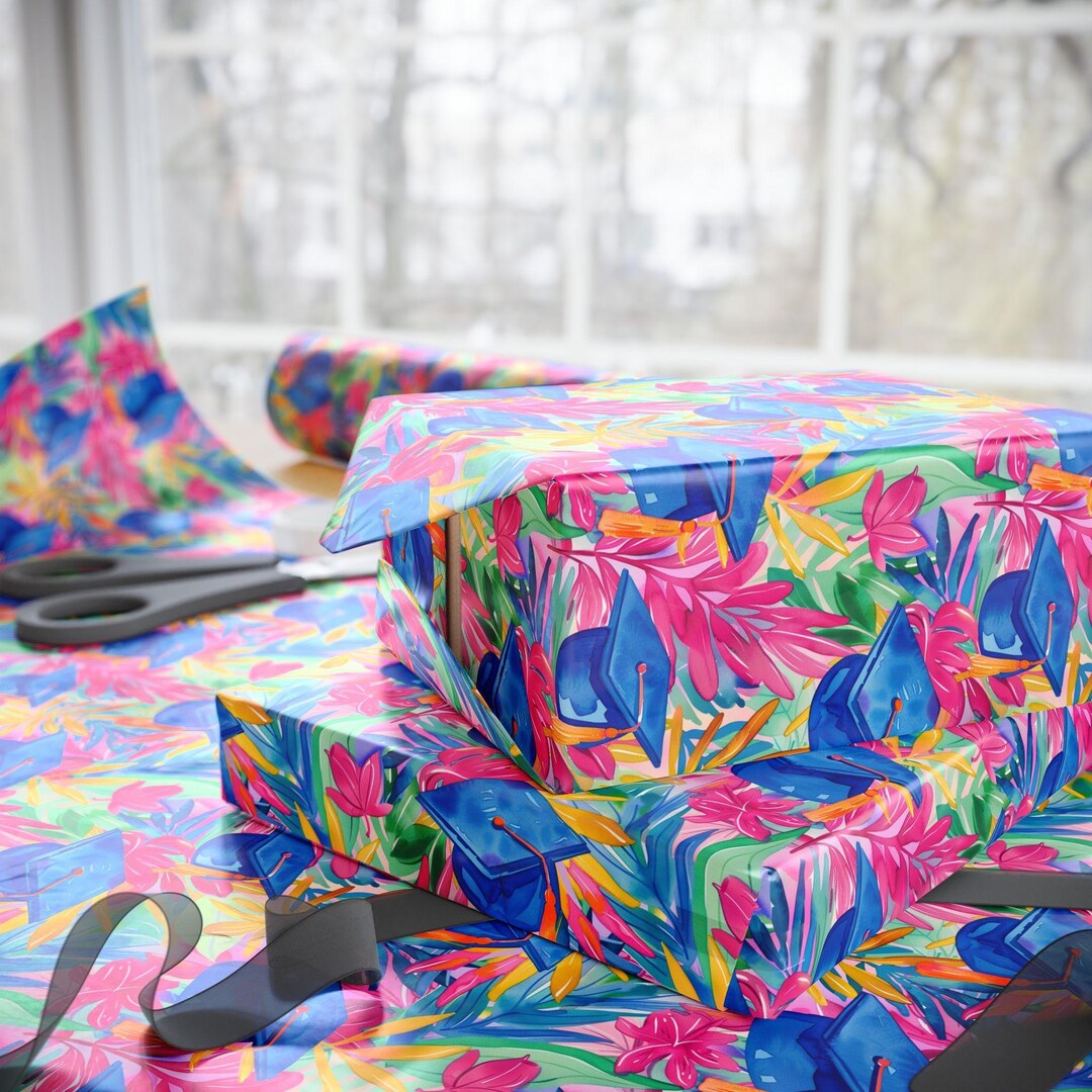 Graduation Wrapping ,tropical Paper With Blue Cap Design, Colorful ...
