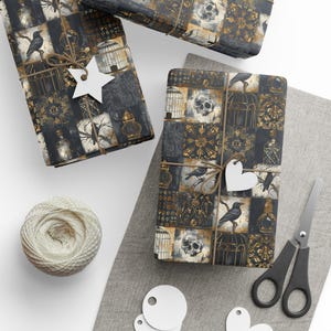 Gothic Wrapping Paper With Skulls, Gothic and Halloween Gift Wrap For Spooky Birthday, Ravens, Birdcages, Dark Academia Vintage Decor