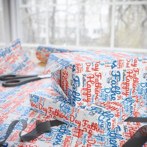 Fathers Day Gift Wrap  Happy Fathers Day Wrapping Paper, Bold Red and Blue Typography, Stylish Dad Gift Wrap, Masculine Classic Wrapping