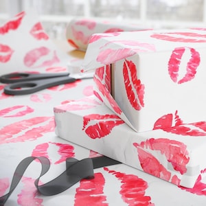 Kiss Print Gift Wrap | Valentine&#39;s Day Wrapping Paper | Romantic Lips Design | Love-Themed Packaging | Handmade Gift Wrap for Her