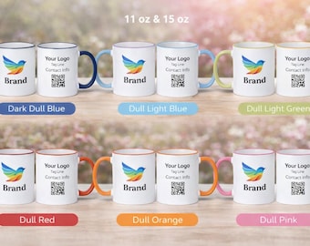 May include: White ceramic mugs with colored handles and rims, featuring a bird logo and the word "Brand." Each mug has a QR code and text that reads "Your Logo, Tag Line, Contact Info." Available in dark dull blue, dull light blue, dull light green, dull red, dull orange, and dull pink.
