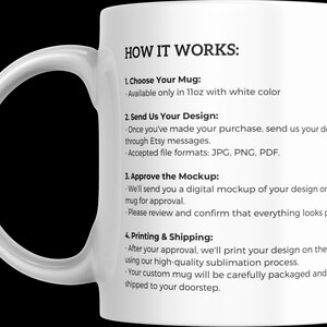 May include: White ceramic mug with black text explaining the process of ordering a custom mug. The text includes the steps: Choose Your Mug, Send Us Your Design, Approve the Mockup, and Printing & Shipping.