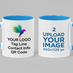 May include: Two white ceramic mugs with blue rims and handles. One mug features a colorful bird logo with the text "YOUR LOGO, Tag Line, Contact Info, QR Code". The other mug has the text "2 UPLOAD YOUR IMAGE 950x1129 px".