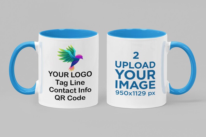 May include: Two white ceramic mugs with blue rims and handles. One mug features a colorful bird logo with the text "YOUR LOGO, Tag Line, Contact Info, QR Code". The other mug has the text "2 UPLOAD YOUR IMAGE 950x1129 px".