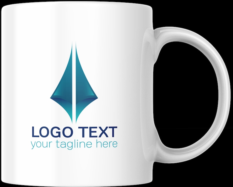Peut inclure: Une tasse en c&eacute;ramique blanche avec un logo abstrait bleu et turquoise et le texte "LOGO TEXT your tagline here".