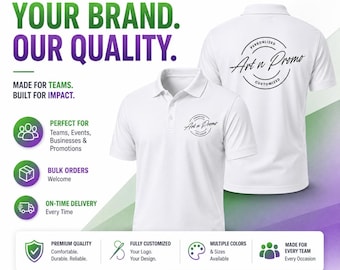 Peut inclure: Deux polos blancs avec un logo circulaire noir portant l'inscription Art n Promo. La vue de face montre le logo sur la poitrine gauche, tandis que la vue arrière affiche une version plus grande du même logo. Le texte inclut Custom Polos, Your Brand, Our Quality, Made for Teams, Built for Impact, et Order More, Represent Better.