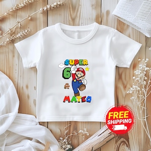 Super Mario Shirt for 6 Year Old, 6th Birthday Custom Name Tee, Personalized Kids Party Shirt, Gamer Birthday Outfit, Mario Gift