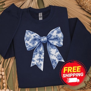 Blue Ribbon Sweatshirt, Blue Toile Bow Shirt, Toile De Jouy Coquette Bow Sweatshirt, Women Sweater, Girly Aesthetic Crewneck, Gift for Her