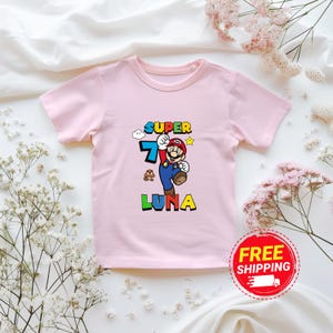 Personalized Party Outfit, 7th Birthday Super Mario Shirt, For 7 Year Old Boy, Custom Name Tee, Video Game Kids Shirt, Mario Birthday Gift