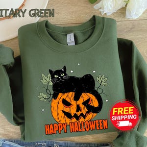 Halloween Black Cat Shirt, Vintage Pumpkin Sweatshirt, 90s Retro Crewneck, Cute Fall Sweater, Spooky Halloween Graphic Tee,Black Cat Sweater