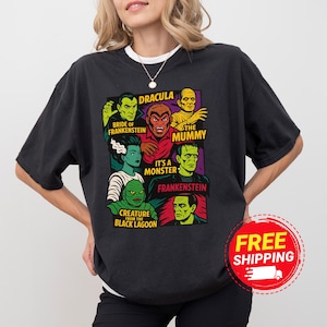 Vintage Universal Monsters T-Shirt, Retro Horror Movie Graphic Tee, Oversized Halloween Shirt, Dracula Frankenstein Mummy Creature