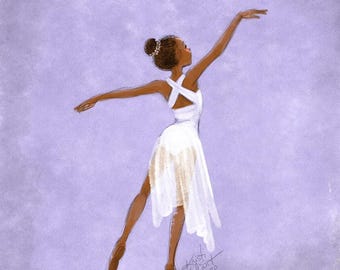 May include: Illustration of a ballet dancer in a white dress with a crisscross back, arms extended. The dancer is wearing ballet shoes and has her hair up in a bun. The background is a soft purple. Signed "Kristi Valant 2020".
