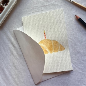 Hand painted watercolor birthday card, birthday cards, pastries painting, croissant, greetings, birthday, handmade, original artwork