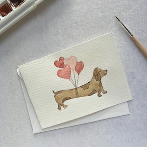 Handgeschilderde aquarel Valentijnsdagkaart, wenskaarten, handgemaakt, origineel kunstwerk, liefdeskaart, Valentijnsdag, worstjehondje, puppy