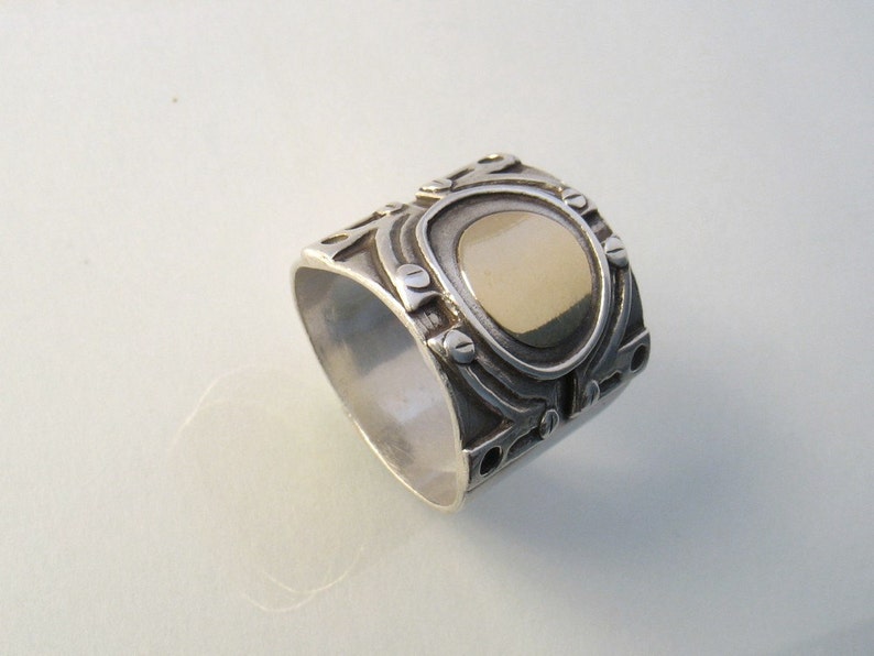 Art Deco Unisex Silver and Gold Decorated Wide Band Ring - Etsy