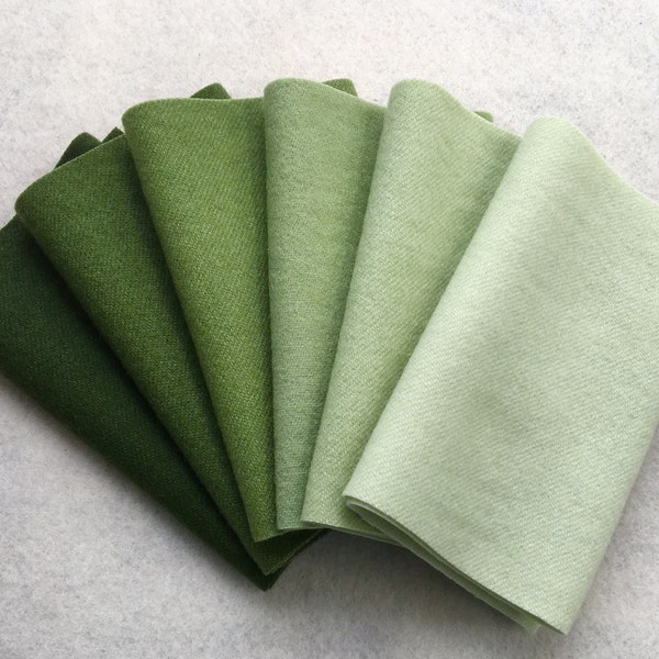 Hand Dyed Felted Wool Gradation, CYPRESS, Value Gradient in Pine and Celedon Greens, 6 pcs. 6.5" x 16" Each