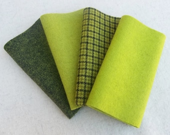Hand Dyed Wool Fabric, APPLE GREEN, Four 6.5" x 16" pieces in Crisp Green, Perfect for Rug Hooking, Applique and Crafts
