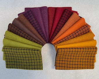 Hand Dyed Felted Wool, AUTUMN Assortment, 18 pieces in Bold Fall Colors, Perfect for Rug Hooking, Applique and Crafts