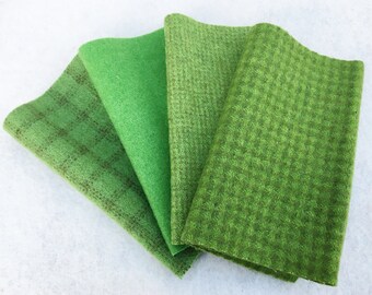 Hand Dyed Felted Wool, GRASS, Four 6.5" x 16" pieces in Leafy Green, Perfect for Rug Hooking, Applique and Crafts