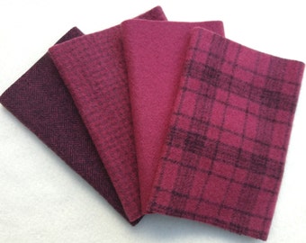 Hand Dyed Felted Wool, CRANBERRY, Four 6.5" x 16" pieces in Rich, Wine Reds