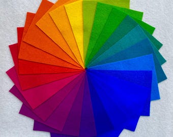 手染めウール生地アップリケパック：明るい虹色24色（約5インチ×7インチ）