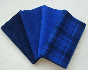 Hand Dyed Felted Wool, LAPIZ BLUE, Four 6.5" x 16" pieces in Pure Royal Blue, Perfect for Rug Hooking, Applique and Crafts