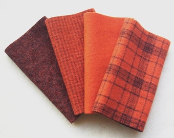 Hand Dyed Felted Wool, TIGER LILY, Four 6.5" x 16" pieces in Burnished Red Orange, Perfect for Rug Hooking, Applique and Crafts