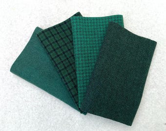 Hand Dyed Felted Wool, HUNTER GREEN Four 6.5" x 16" pieces in Deep Forest Green, Perfect for Rug Hooking, Applique', and Crafts