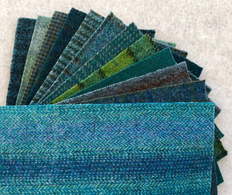 Teal Applique Pack, Felted Wool Fabric, 12 pieces of Wool in Teal and Sea Green, 5 x 7 image 2