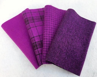 手染めフェルトウール、レッドバイオレット、6.5インチ×16インチの4ピース、深みのある赤紫色。ラグフッキング、アップリケ、クラフトに最適。