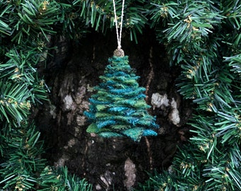 Handmade Wool Pine Tree Christmas Ornament Green and Blue