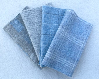 Hand Felted Wool, PARTLY CLOUDY, Pale Blue and Gray, Four 6.5" x 16" pieces, Perfect for Rug Hooking, Applique and Crafts