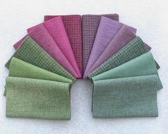 Hand Dyed Felted Wool, HERB GARDEN, 12 pieces in Muted Rose and Green Colors, Perfect for Rug Hooking, Applique and Crafts