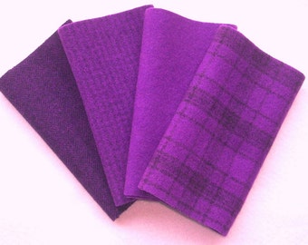 Hand Dyed Felted Wool, AMETHYST, Four 6.5" x 16" pieces in Potent Purple, Perfect for Rug Hooking, Applique and Crafts