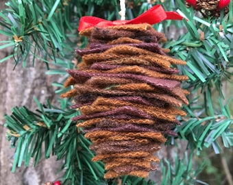 Handmade Wool Pinecone Christmas Ornament with Red Bow