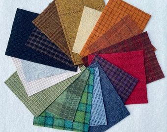 Wool Fabric Applique Pack, Assorted Primitive Colors, 16 pieces of Felted Wool