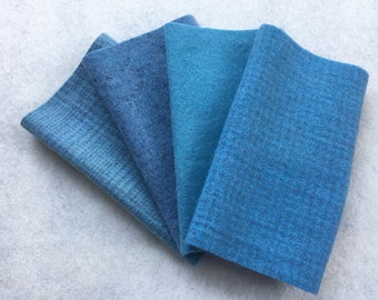 Hand Dyed Felted Wool, LAKE, 4 pieces in Watery Blue, Perfect for Rug Hooking, Applique and Crafts