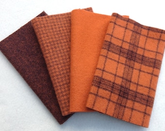 Hand Dyed Felted Wool, PUMPKIN , Four 6.5" x 16" pieces in Rich, Warm Oranges