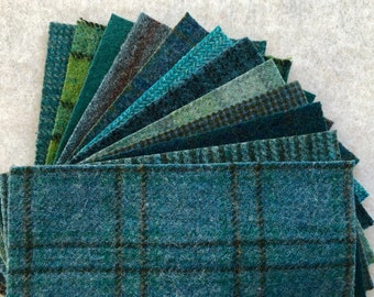 ティールアップリケパック、フェルトウール生地、ティールとシーグリーンのウール12枚、5インチ×7インチ