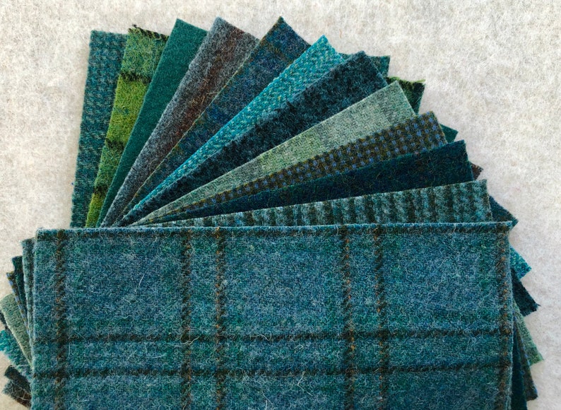 Teal Applique Pack, Felted Wool Fabric, 12 pieces of Wool in Teal and Sea Green, 5 x 7 image 1