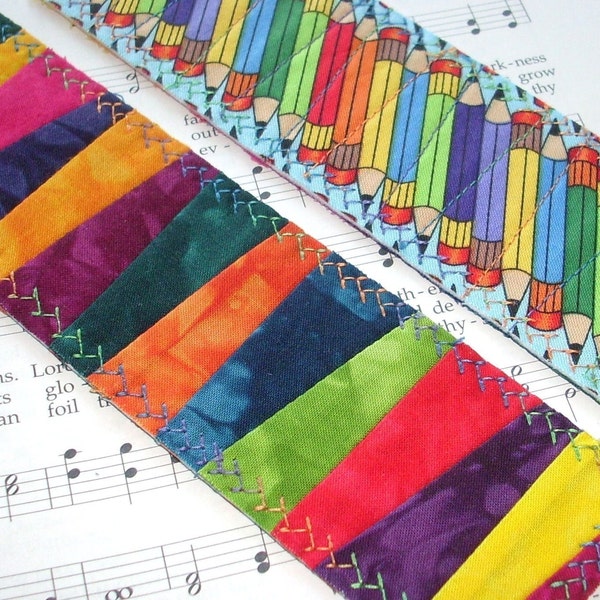 Hand Dyed Fabric Bookmark, COLORED PENCILS, Pieced and Quilted, Colorful Pencil Backing Fabric, FREE Shipping