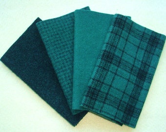 手染めフェルトウール、マラカイト、ピュアティールグリーンの6.5インチ×16インチの4ピース、ラグフッキング、アップリケ、クラフトに最適