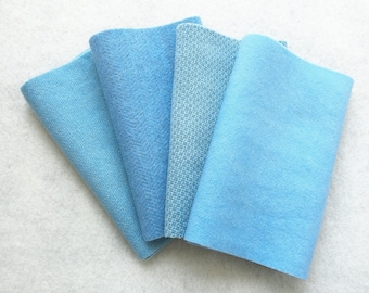 Hand Dyed Felted Wool, SKY BLUE, Four 6.5" x 16" pieces in Soft Pastel Blue, Perfect for Rug Hooking, Applique' and Crafting