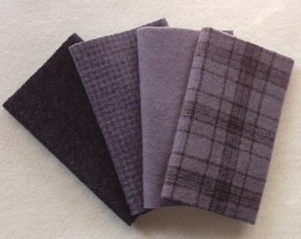 手染めウールフェルト、スモーク、ミディアムグレーの6.5インチ×16インチの4枚セット、ラグフッキング、アップリケ、クラフトに最適