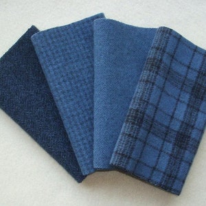 Hand Dyed Felted Wool, SLATE BLUE, Four 6.5" x 16" pieces in Smoky Gray- Blues, Perfect for Rug Hooking, Applique and Crafting