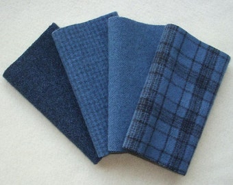Hand Dyed Felted Wool, SLATE BLUE, Four 6.5" x 16" pieces in Smoky Gray- Blues, Perfect for Rug Hooking, Applique and Crafting