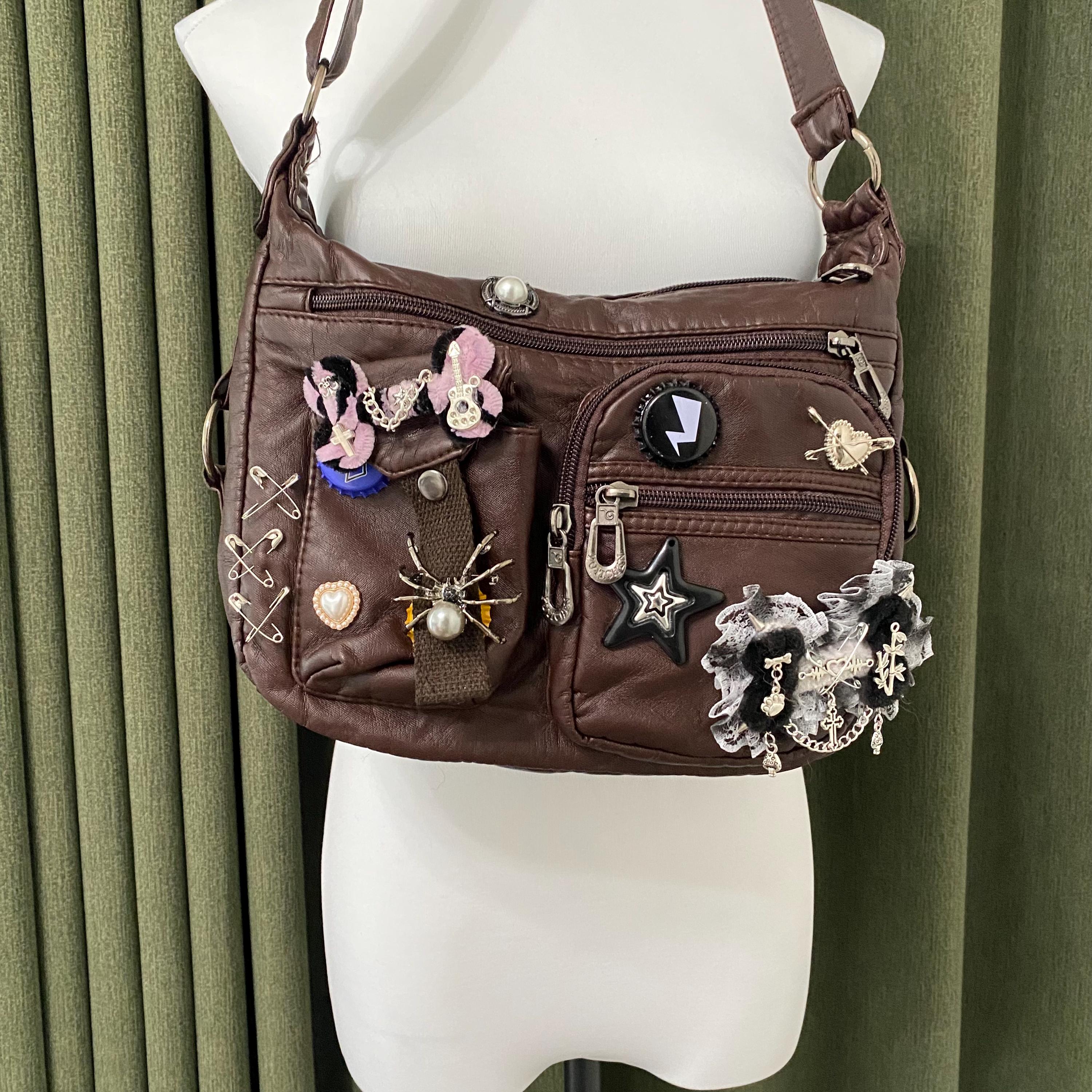 Y2K Remake Handmade Leather Tote Bag Retro Crossbody Bag Punk